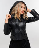 Women’s black hooded natural leather jacket!